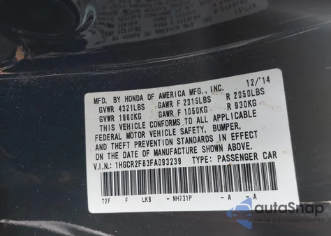 2015 Honda Accord Ex-L из США, поврежденный, VIN 1HGCR2F83FA093239